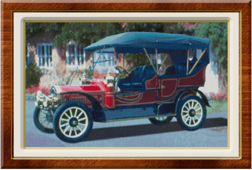 Vintage Car infront of Cottage Finished Cross Stitch